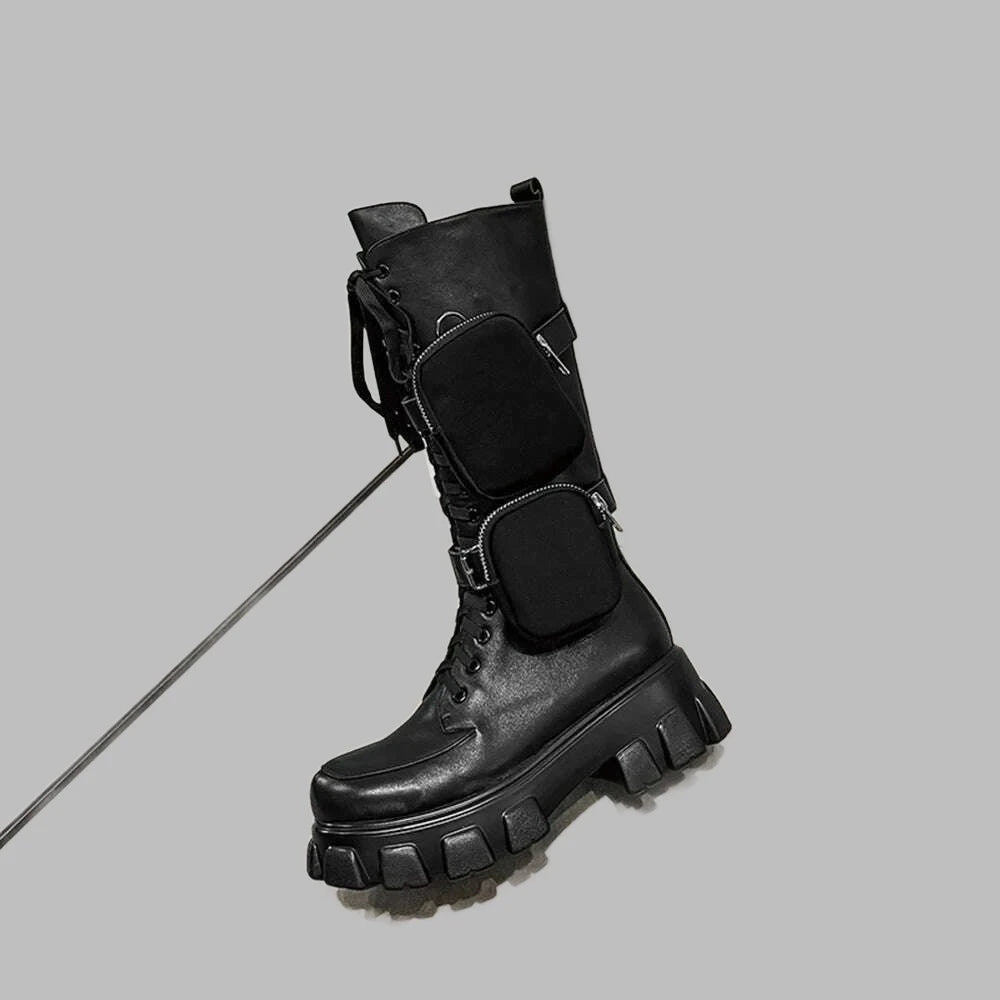 Black Package Design Thick Sole Boots For Female Women Luxury Round Toe Lace-up Mid-calf Handmade Fashion Solid All-match Shoes - KIMLUD