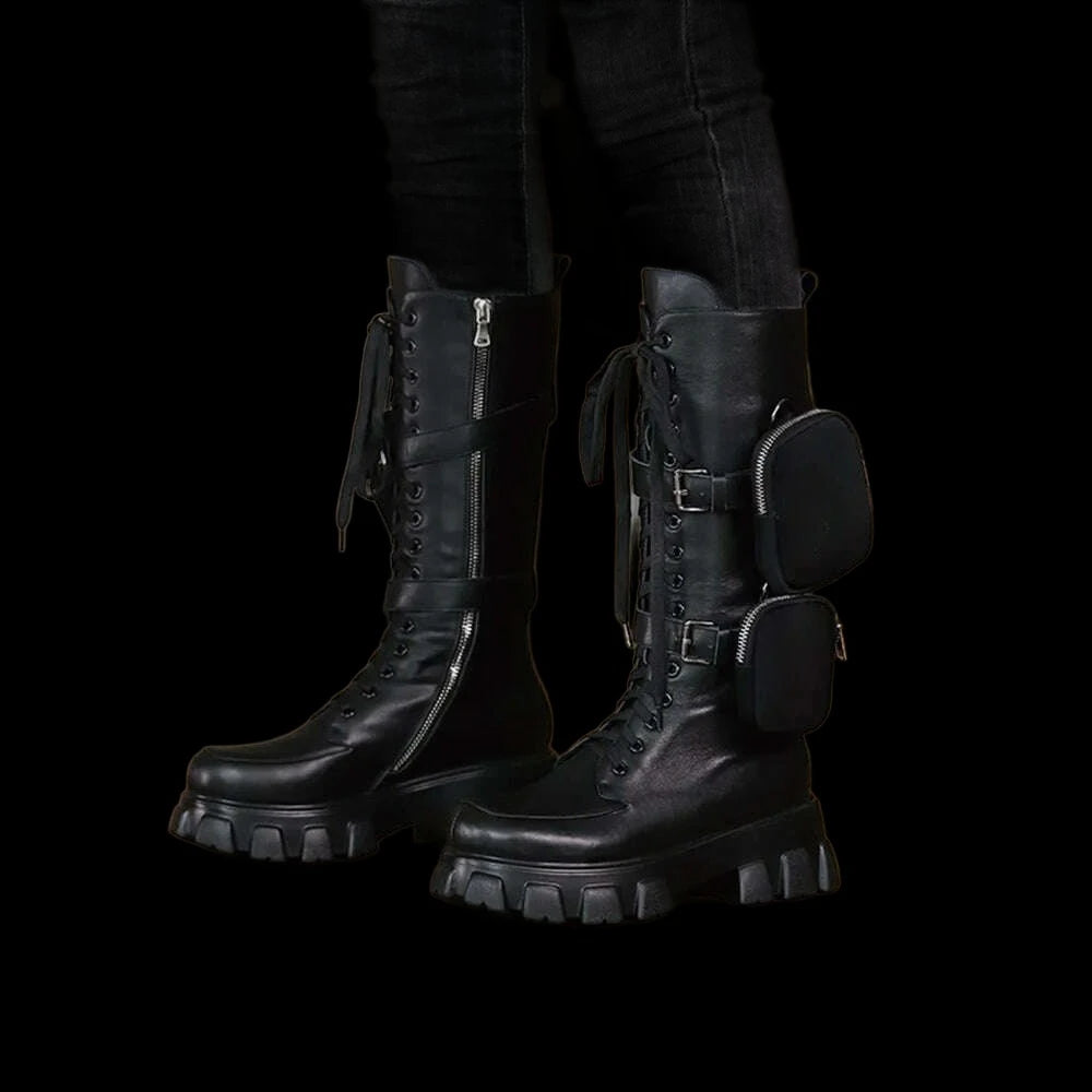 Black Package Design Thick Sole Boots For Female Women Luxury Round Toe Lace-up Mid-calf Handmade Fashion Solid All-match Shoes - KIMLUD