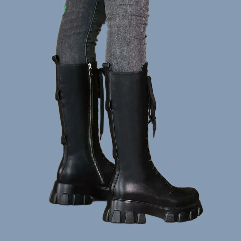 Black Package Design Thick Sole Boots For Female Women Luxury Round Toe Lace-up Mid-calf Handmade Fashion Solid All-match Shoes - KIMLUD