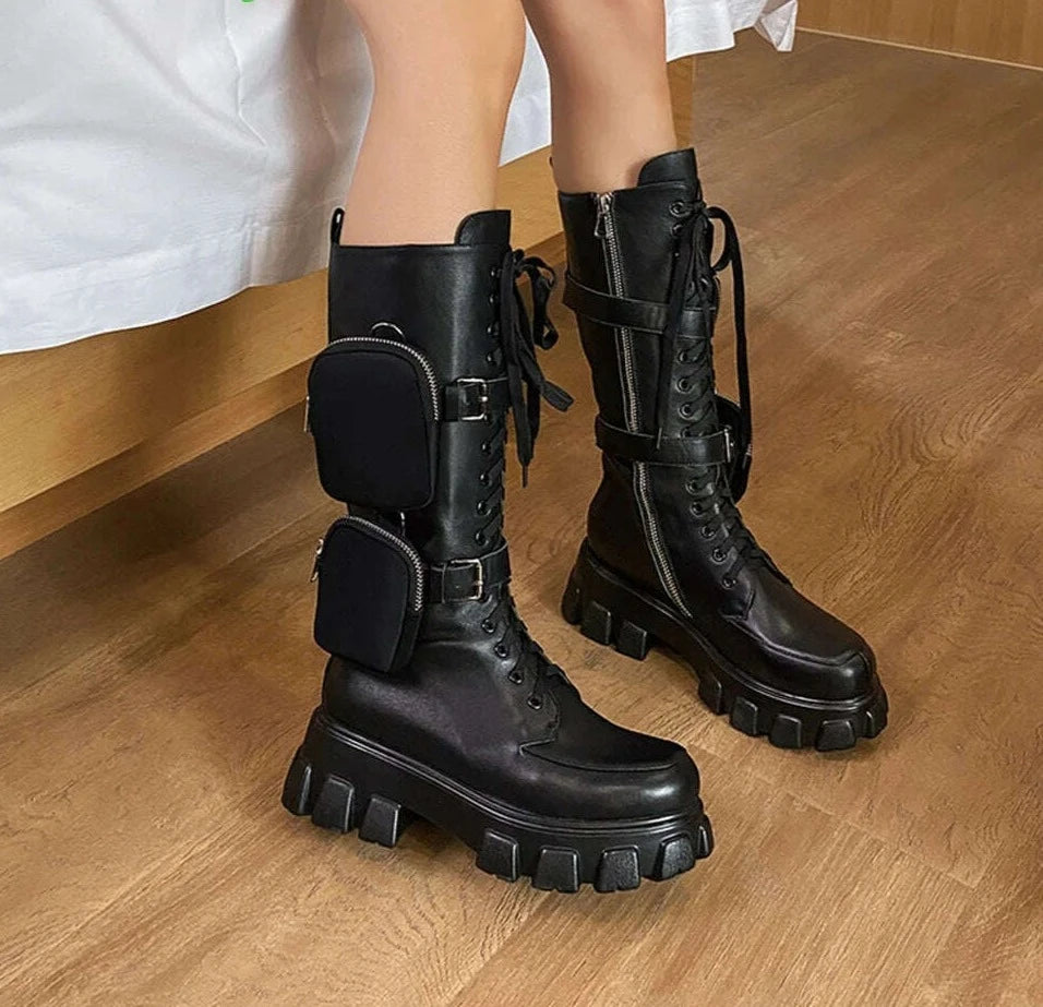 Black Package Design Thick Sole Boots For Female Women Luxury Round Toe Lace-up Mid-calf Handmade Fashion Solid All-match Shoes - KIMLUD