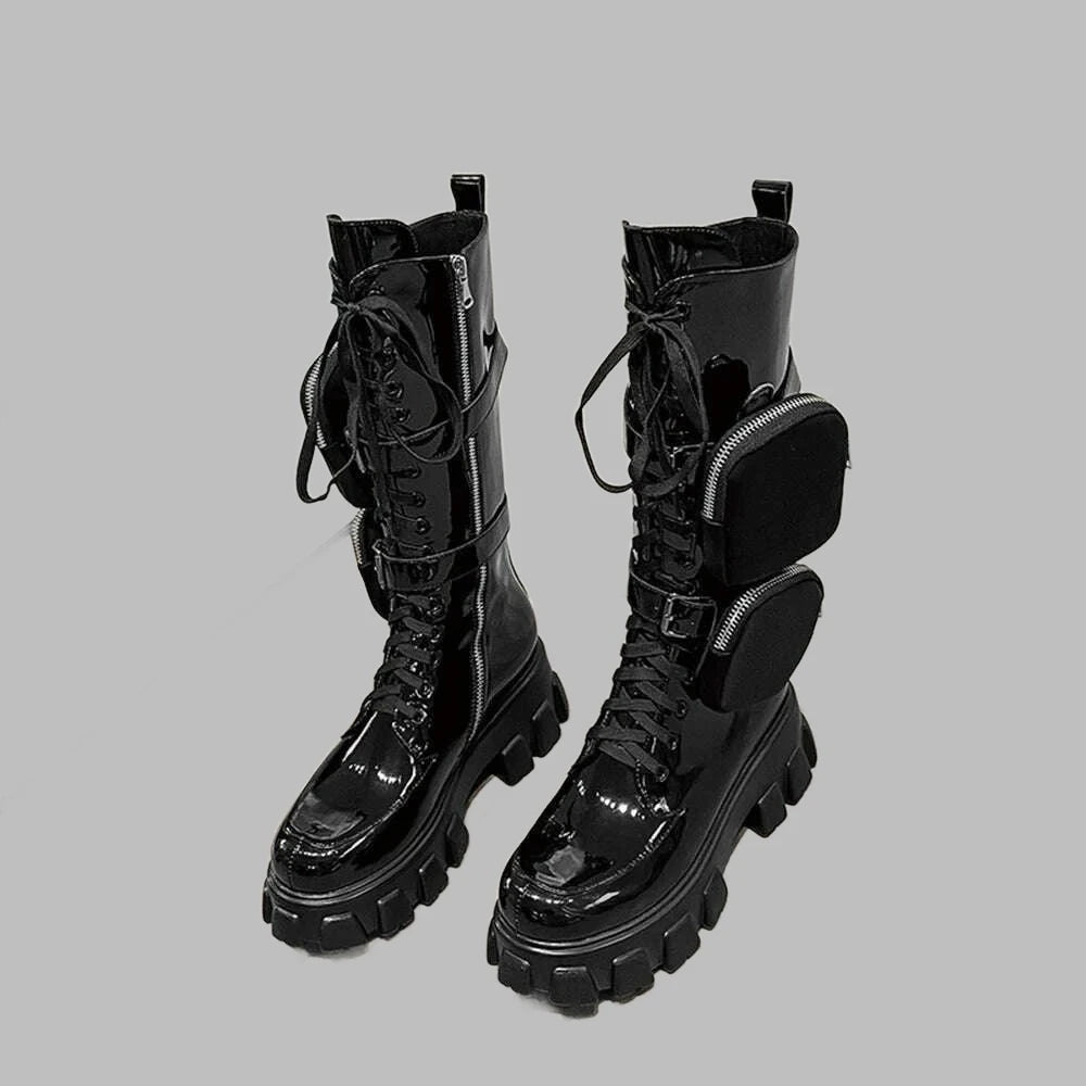 Black Package Design Thick Sole Boots For Female Women Luxury Round Toe Lace-up Mid-calf Handmade Fashion Solid All-match Shoes - KIMLUD