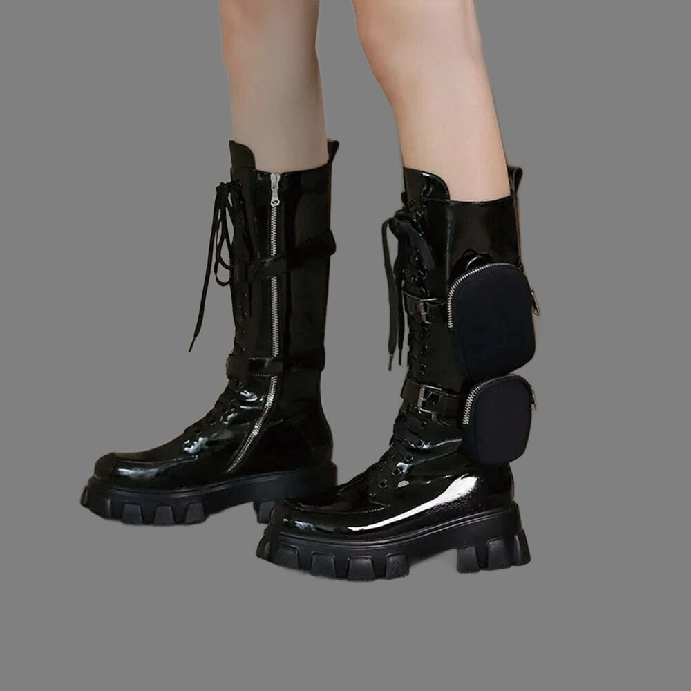 Black Package Design Thick Sole Boots For Female Women Luxury Round Toe Lace-up Mid-calf Handmade Fashion Solid All-match Shoes - KIMLUD