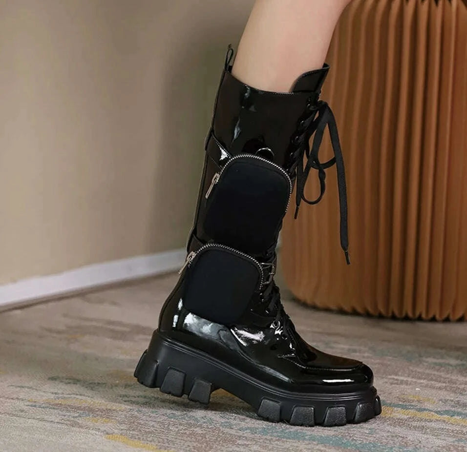 Black Package Design Thick Sole Boots For Female Women Luxury Round Toe Lace-up Mid-calf Handmade Fashion Solid All-match Shoes - KIMLUD