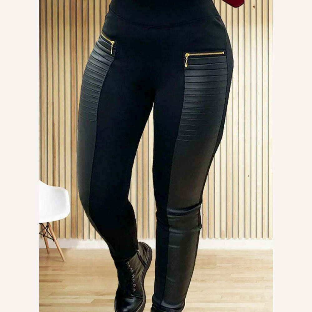 KIMLUD, Black Pants for Women Europe America Style Casual Trousers Faux Leather Stitching Leggings Oversize Female Elegant Streetwear, black / XS, KIMLUD Womens Clothes