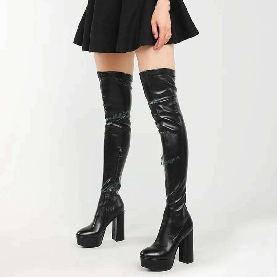 Black Patent Leather Platform Boots Over The Knee Pointed Toe Shoes for Women Chunky High Heels Shoes 2023 Zapatos Para Mujere - KIMLUD