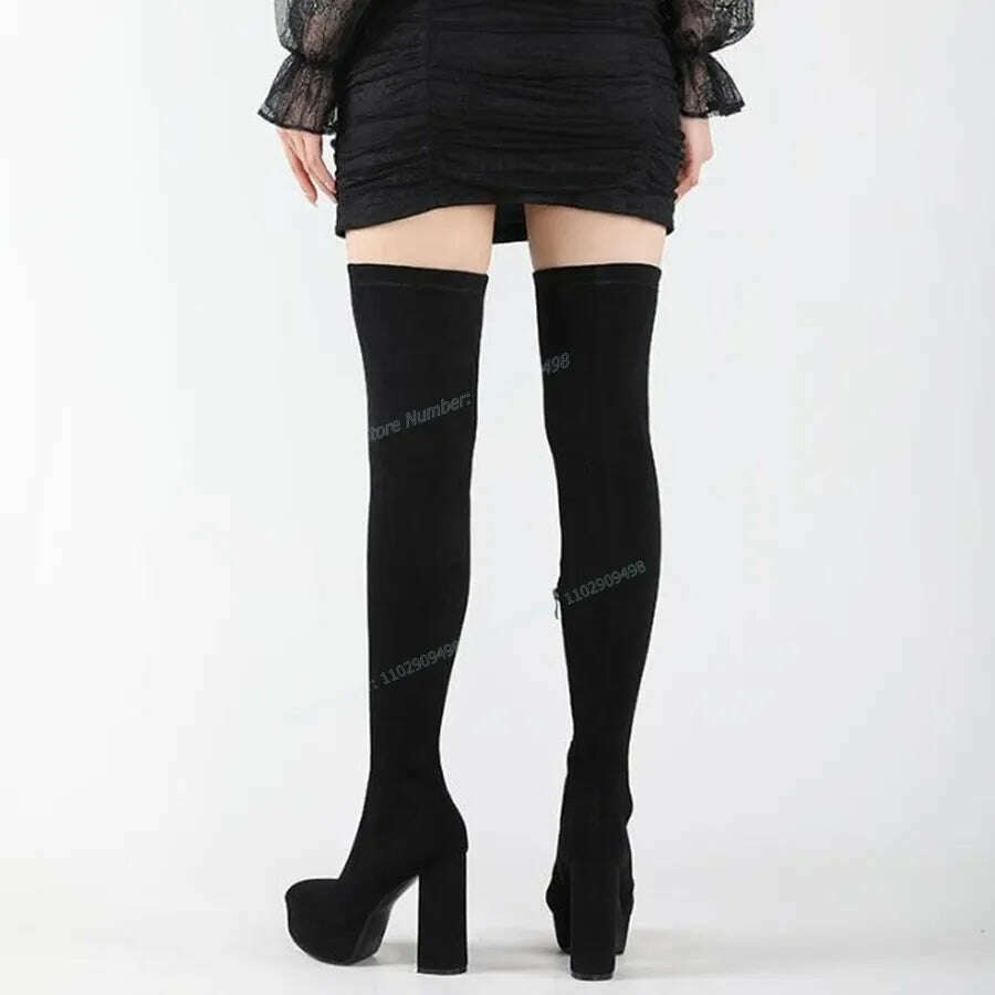 Black Patent Leather Platform Boots Over The Knee Pointed Toe Shoes for Women Chunky High Heels Shoes 2023 Zapatos Para Mujere - KIMLUD