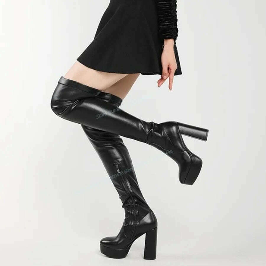 Black Patent Leather Platform Boots Over The Knee Pointed Toe Shoes for Women Chunky High Heels Shoes 2023 Zapatos Para Mujere - KIMLUD