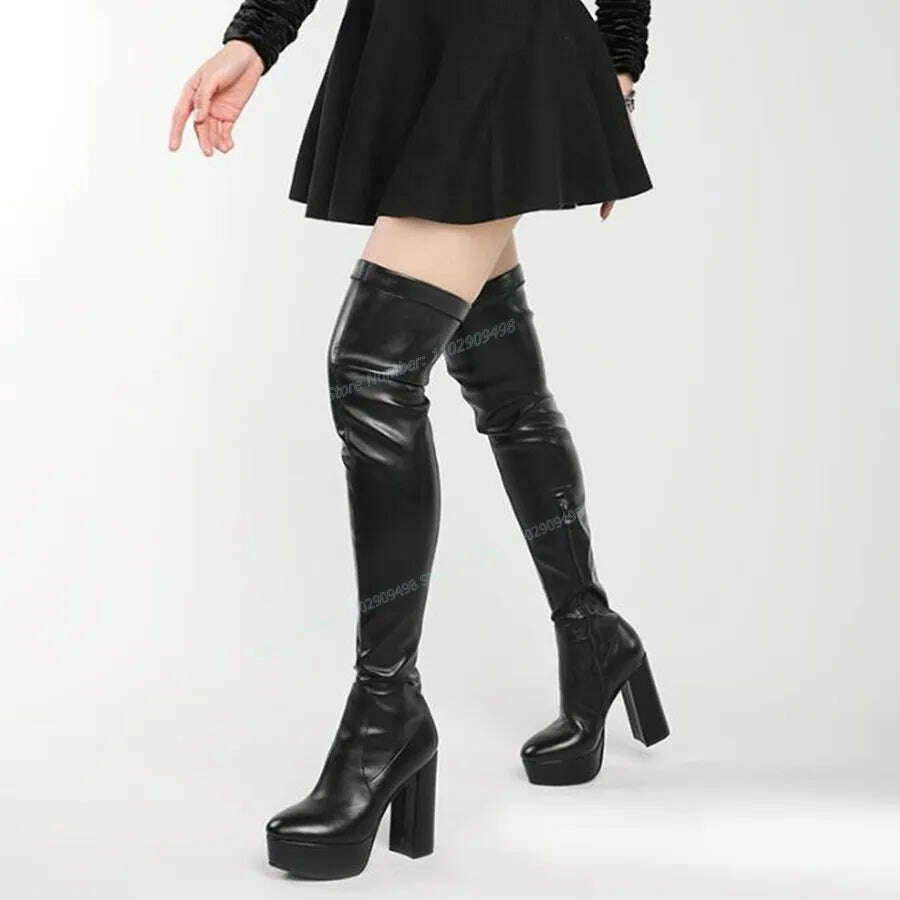 Black Patent Leather Platform Boots Over The Knee Pointed Toe Shoes for Women Chunky High Heels Shoes 2023 Zapatos Para Mujere - KIMLUD