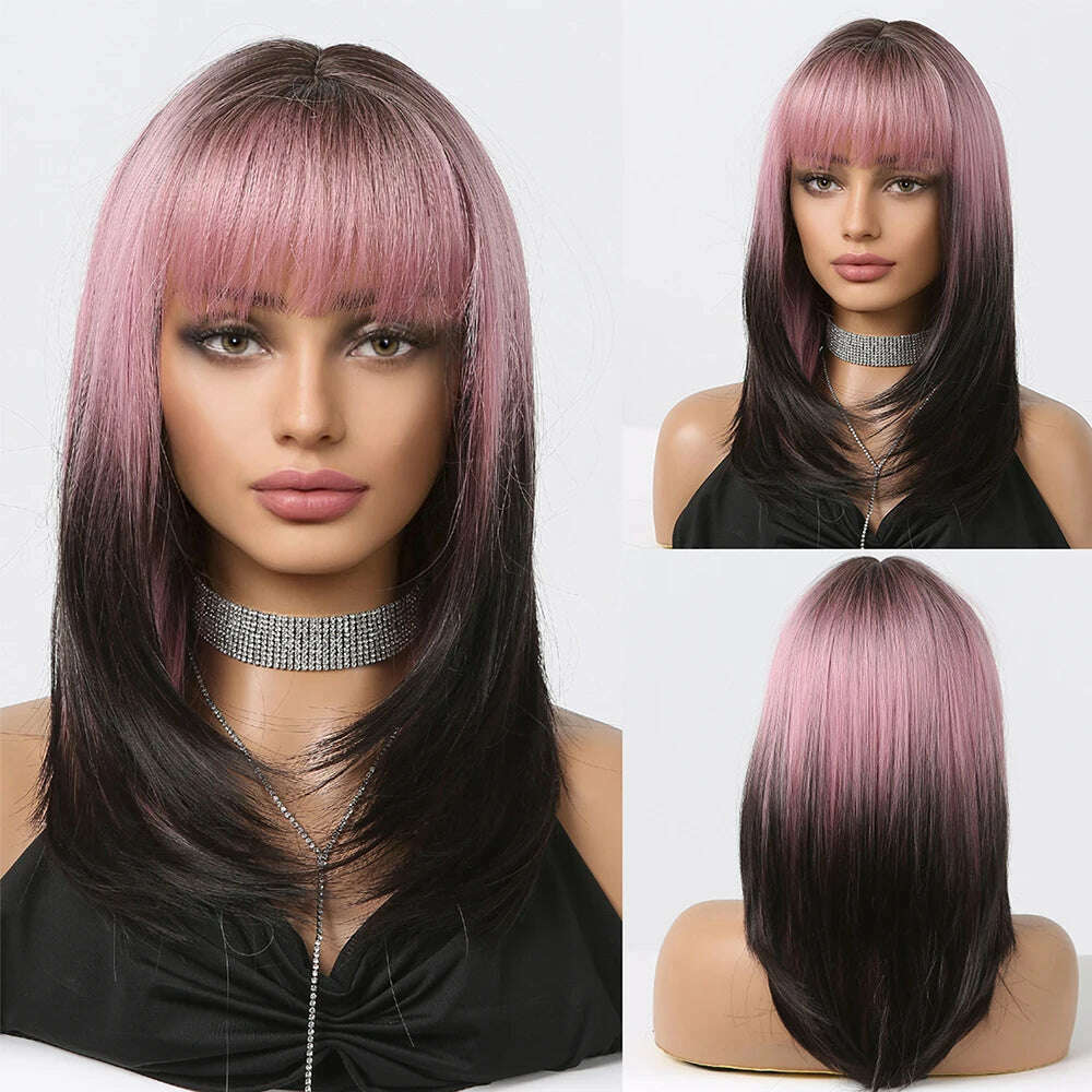 Black Pink Ombre Synthetic Wigs for Cosplay Long Straight Layered Wigs with Bangs for Women Heat Resistant Fake Hair - KIMLUD