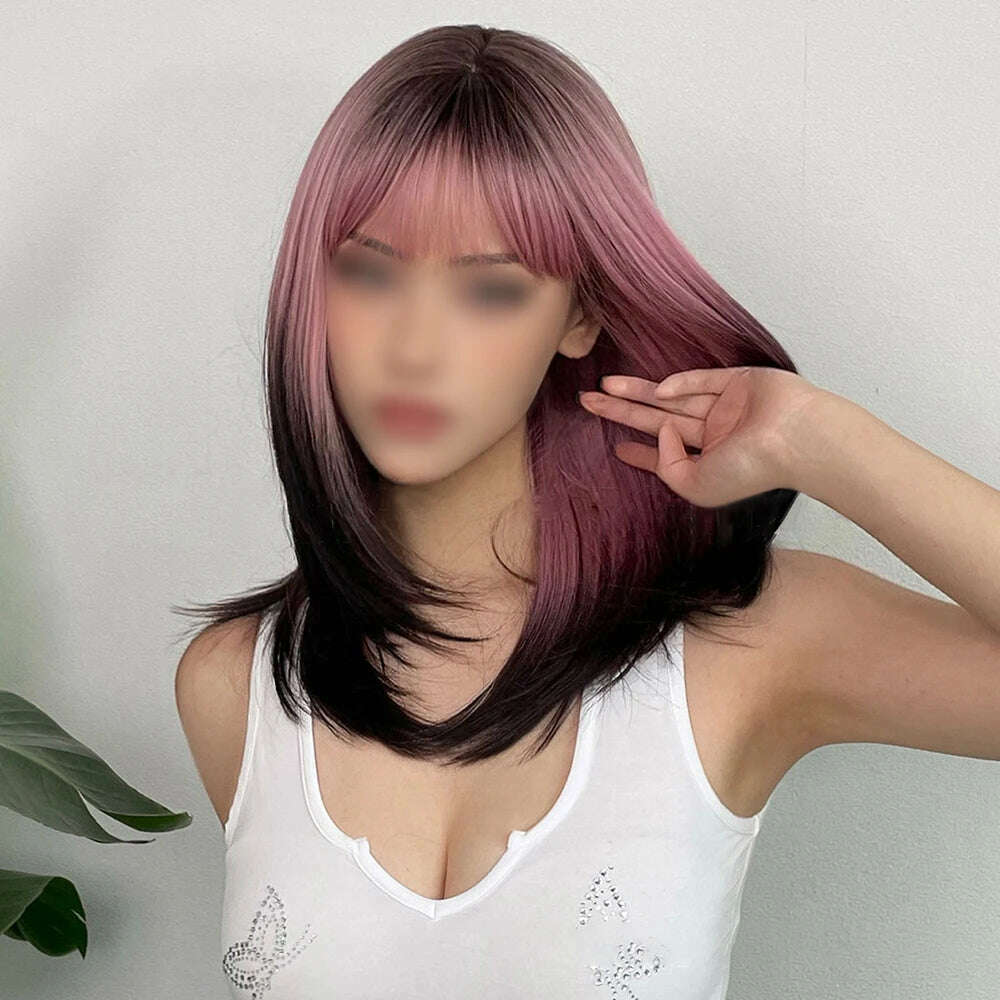 KIMLUD, Black Pink Ombre Synthetic Wigs for Cosplay Long Straight Layered Wigs with Bangs for Women Heat Resistant Fake Hair, Pink Black, KIMLUD Womens Clothes
