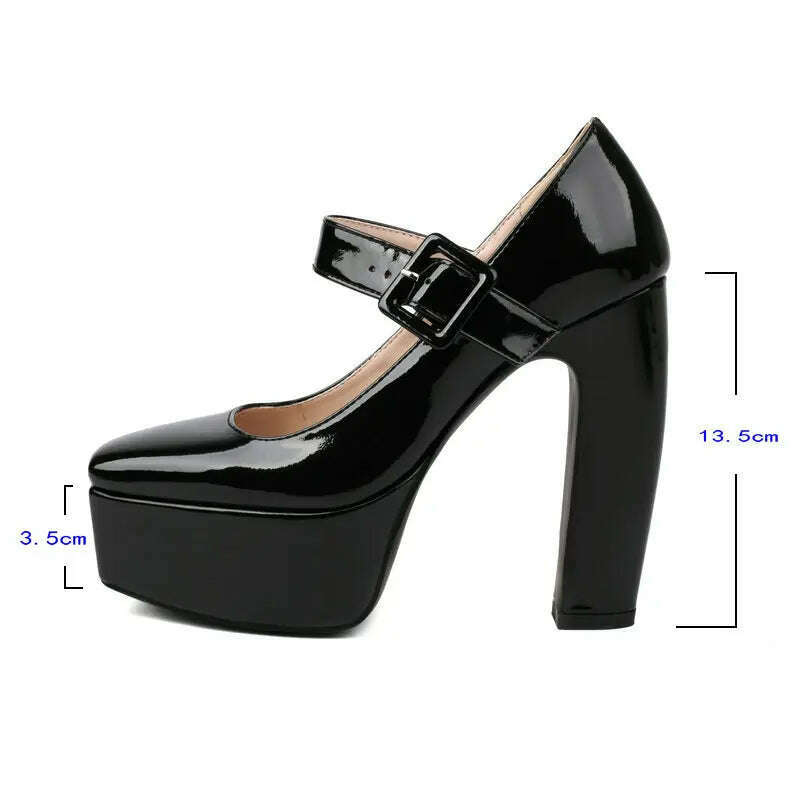 KIMLUD, Black Pink White Women High Heel Shoes Platform Thick High Heel Ladies Pumps PU Leather Square Toe Buckle Shallow Women's Shoes, KIMLUD Women's Clothes