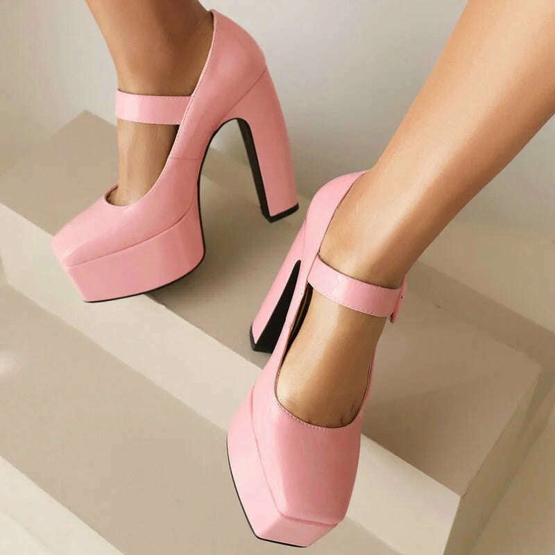 KIMLUD, Black Pink White Women High Heel Shoes Platform Thick High Heel Ladies Pumps PU Leather Square Toe Buckle Shallow Women's Shoes, Pink / 8, KIMLUD Women's Clothes