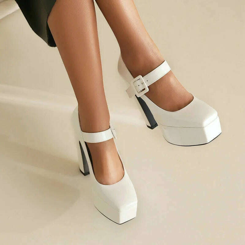 KIMLUD, Black Pink White Women High Heel Shoes Platform Thick High Heel Ladies Pumps PU Leather Square Toe Buckle Shallow Women's Shoes, WHITE / 7.5, KIMLUD Womens Clothes