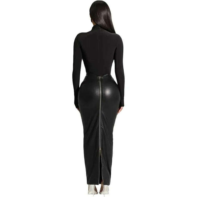 KIMLUD, Black PU Leather Long Skirt Sexy Women High Waist Elegant High Street Faux Leather Casual Skirt, KIMLUD Women's Clothes