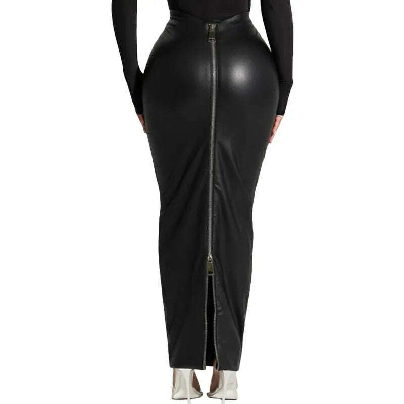 KIMLUD, Black PU Leather Long Skirt Sexy Women High Waist Elegant High Street Faux Leather Casual Skirt, KIMLUD Women's Clothes