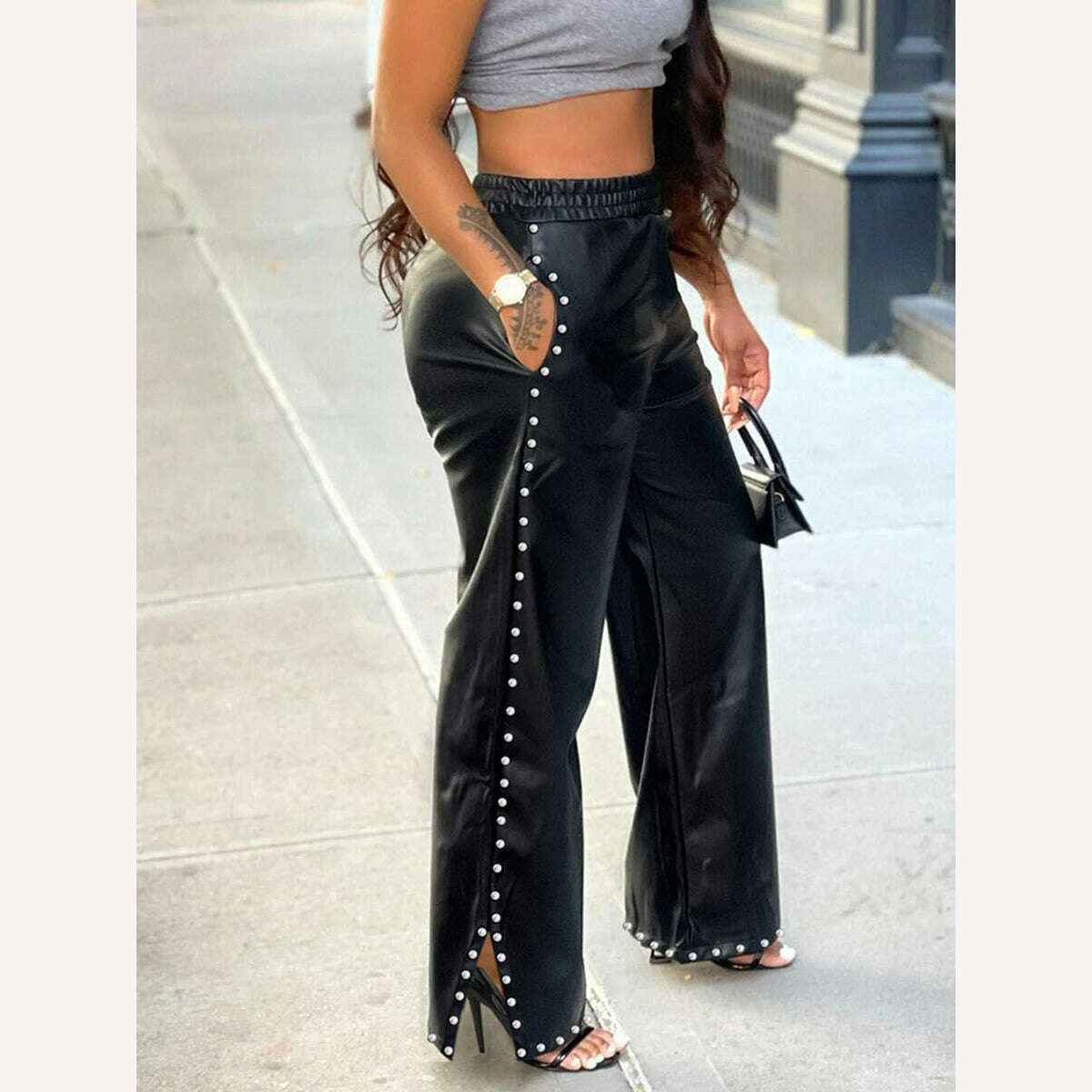 KIMLUD, Black PU Leather Pants Pocket Metal Decoration Loose Slit Wide Leg Pant Fashion Street Trend Women's Casual Bottoms, KIMLUD Women's Clothes