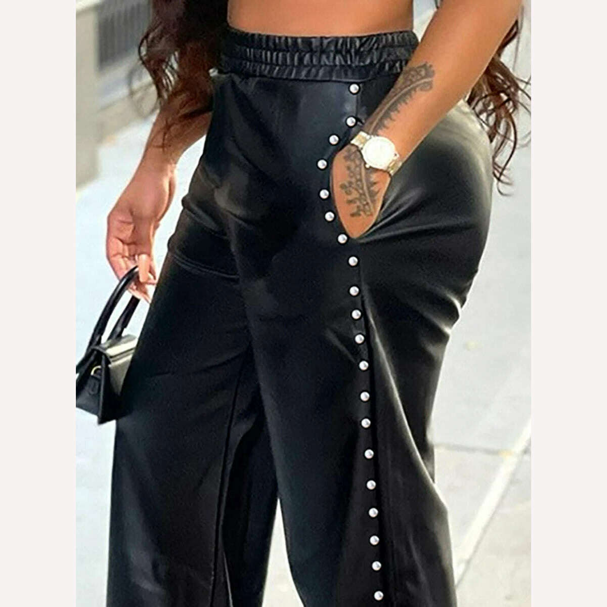 KIMLUD, Black PU Leather Pants Pocket Metal Decoration Loose Slit Wide Leg Pant Fashion Street Trend Women's Casual Bottoms, KIMLUD Women's Clothes