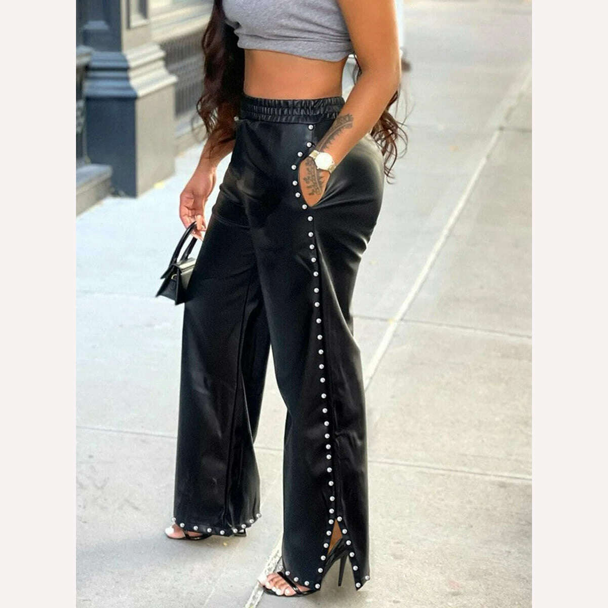 KIMLUD, Black PU Leather Pants Pocket Metal Decoration Loose Slit Wide Leg Pant Fashion Street Trend Women's Casual Bottoms, black / S / CHINA, KIMLUD Women's Clothes