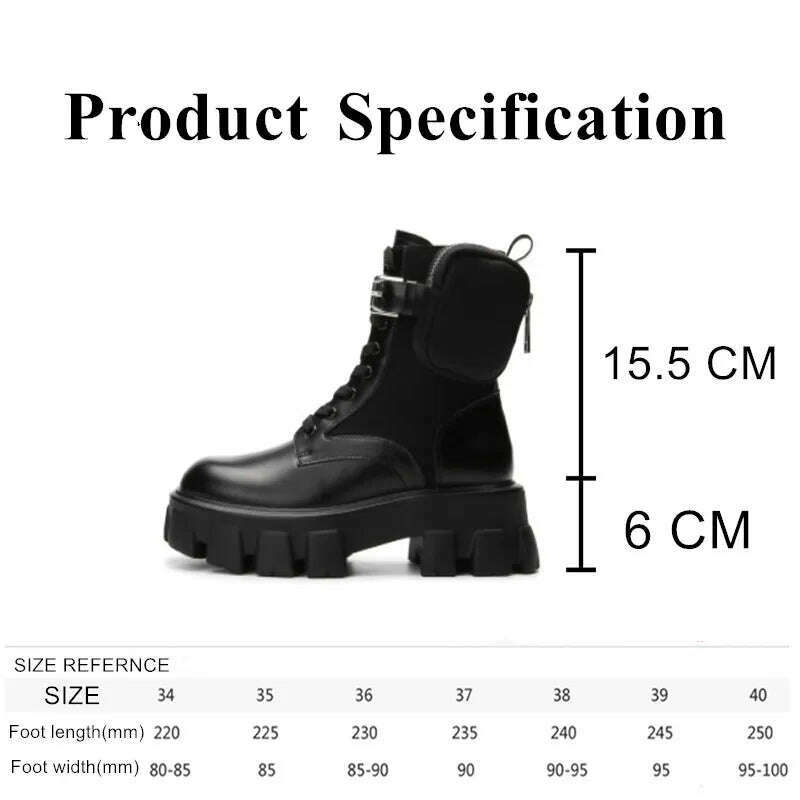 KIMLUD, Black Punk Ankle Thick-soled Motorcycle Ankle Boots Women&#39;s Lace-up Spring Thick Heel Belt Buckle Pocket Designer Chunky Shoes, KIMLUD Women's Clothes