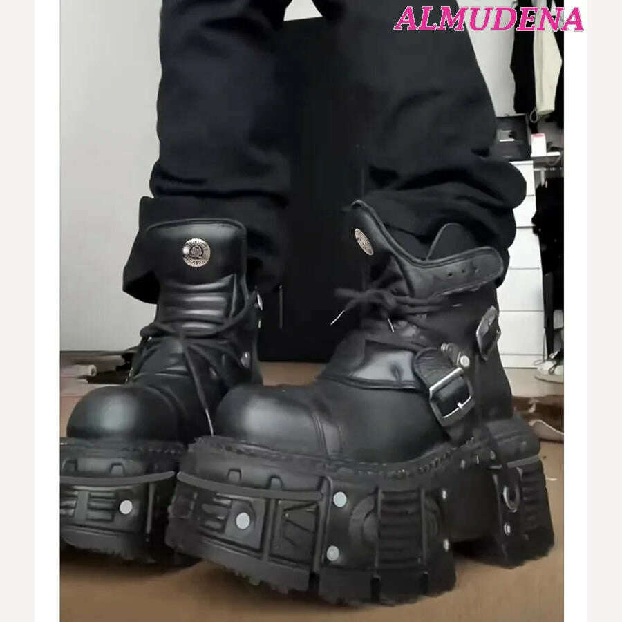 Black Punk Metal Buckled Boots Women Platform Thick Sole Lace up Rock Leather Shoes Vintage Luxury Designer Y2K Shoe Booties - KIMLUD