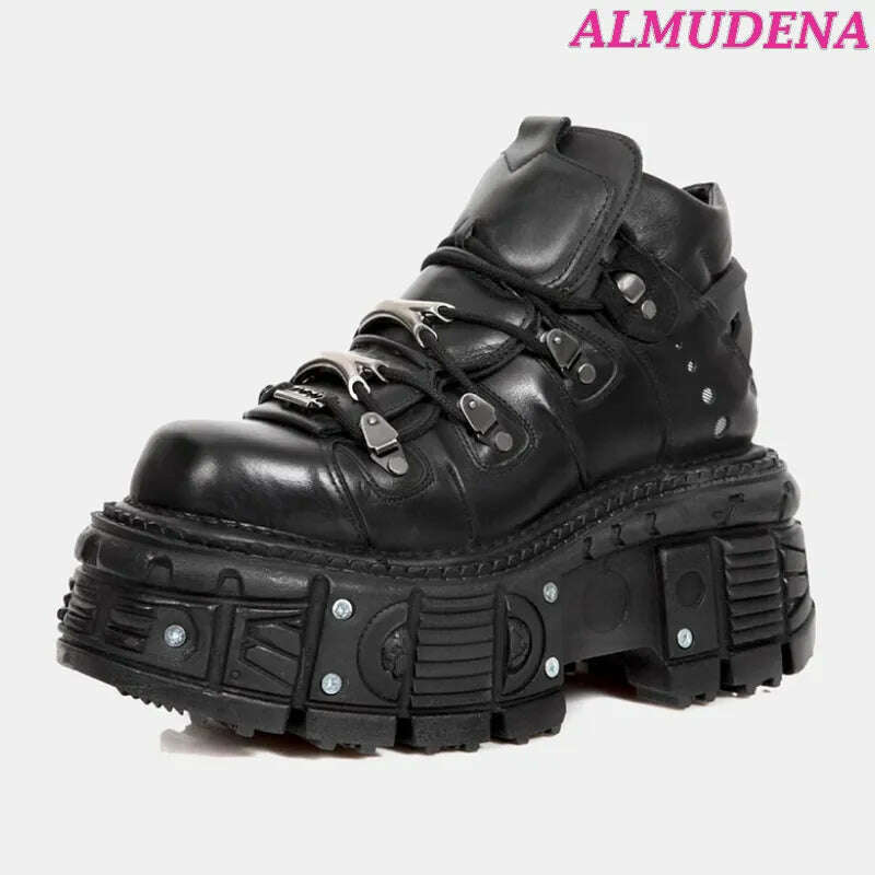 KIMLUD, Black Punk Metal Buckled Boots Women Platform Thick Sole Lace up Rock Leather Shoes Vintage Luxury Designer Y2K Shoe Booties, KIMLUD Womens Clothes