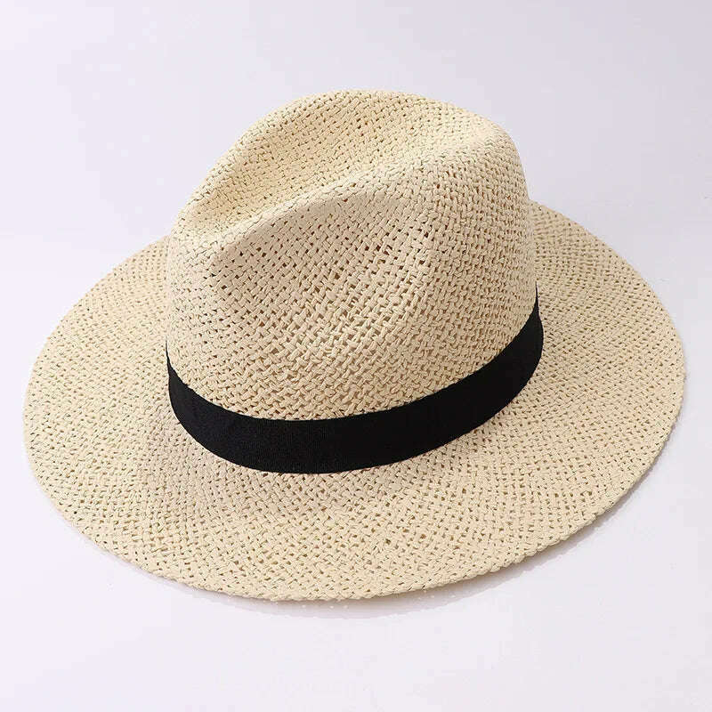 KIMLUD, Black Ribbon Band Panama Hats Summer Women Sun Hat for Men Jazz Top Wide Brim Staw Beach Hat Derby Party Wedding Hat, Beige with ribbon, KIMLUD Women's Clothes