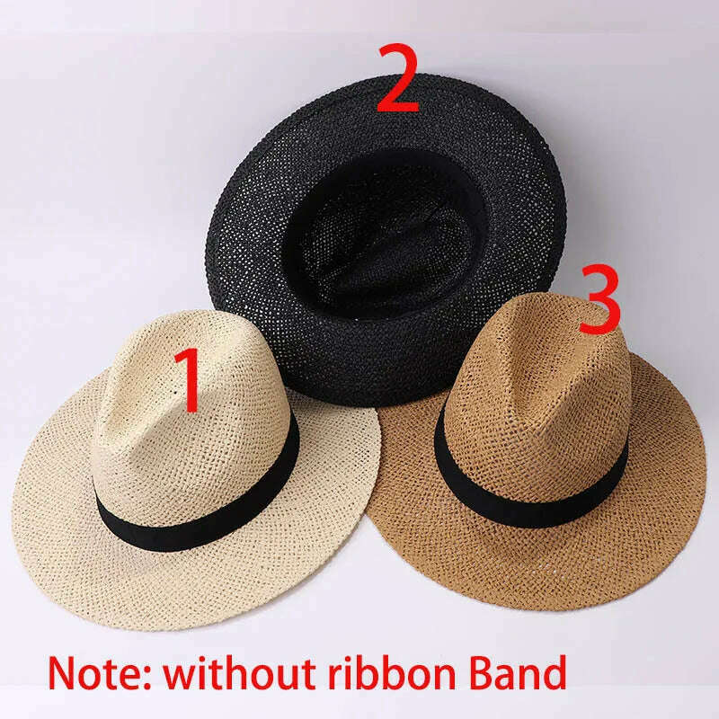 KIMLUD, Black Ribbon Band Panama Hats Summer Women Sun Hat for Men Jazz Top Wide Brim Staw Beach Hat Derby Party Wedding Hat, Color without ribbon, KIMLUD Women's Clothes