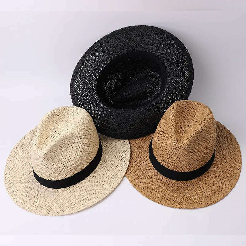 KIMLUD, Black Ribbon Band Panama Hats Summer Women Sun Hat for Men Jazz Top Wide Brim Staw Beach Hat Derby Party Wedding Hat, KIMLUD Women's Clothes