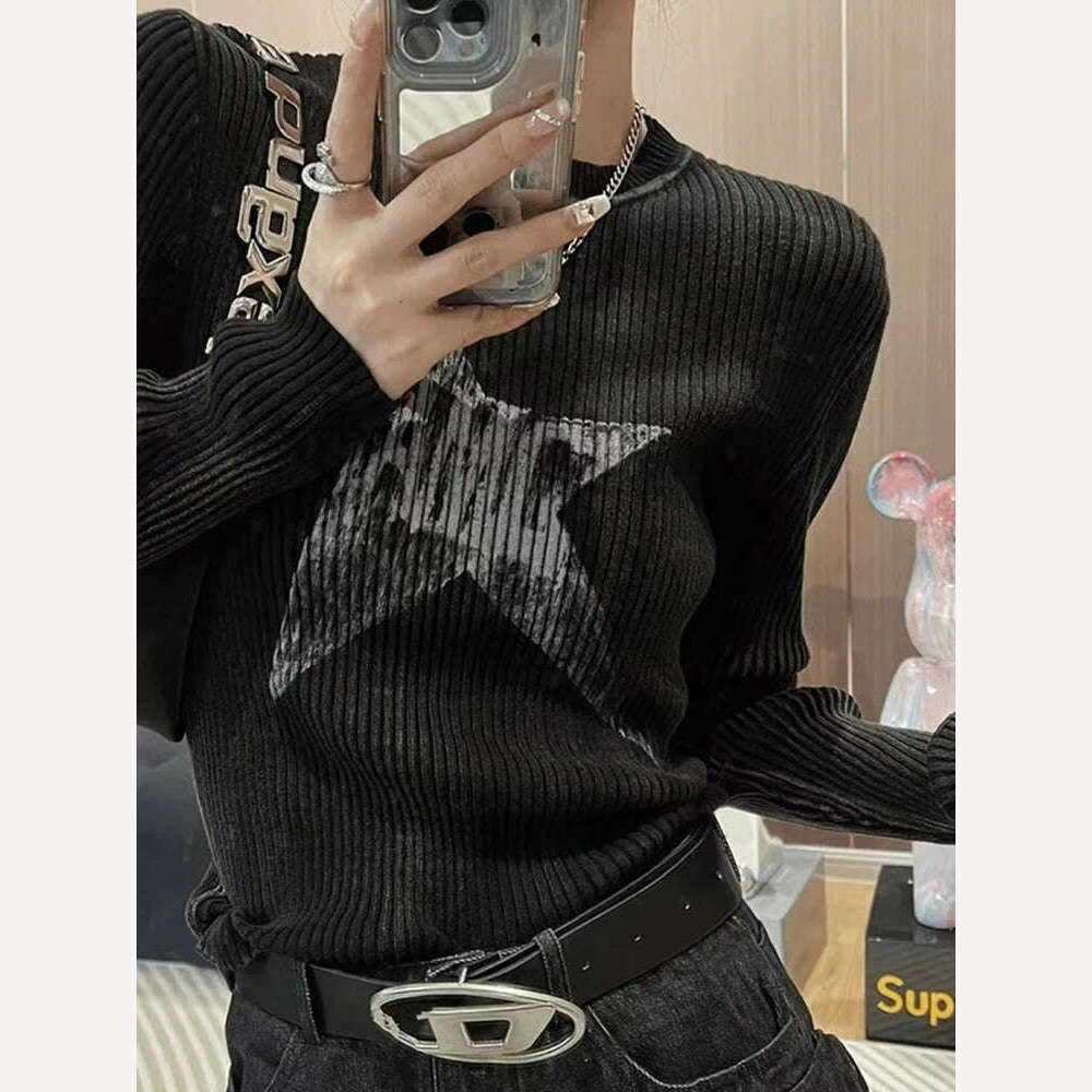 KIMLUD, Black Striped Sweater Women O-Neck Grunge Oversized Knitted Pullover Loose Korean Fashion Casual Jumper Autumn Winter Gothic, KIMLUD Womens Clothes