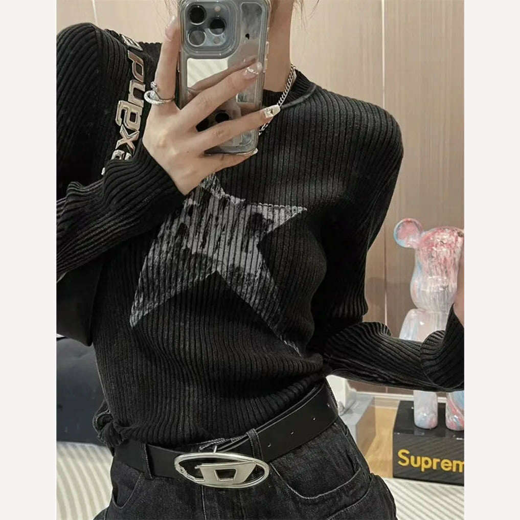 KIMLUD, Black Striped Sweater Women O-Neck Grunge Oversized Knitted Pullover Loose Korean Fashion Casual Jumper Autumn Winter Gothic, KIMLUD Women's Clothes