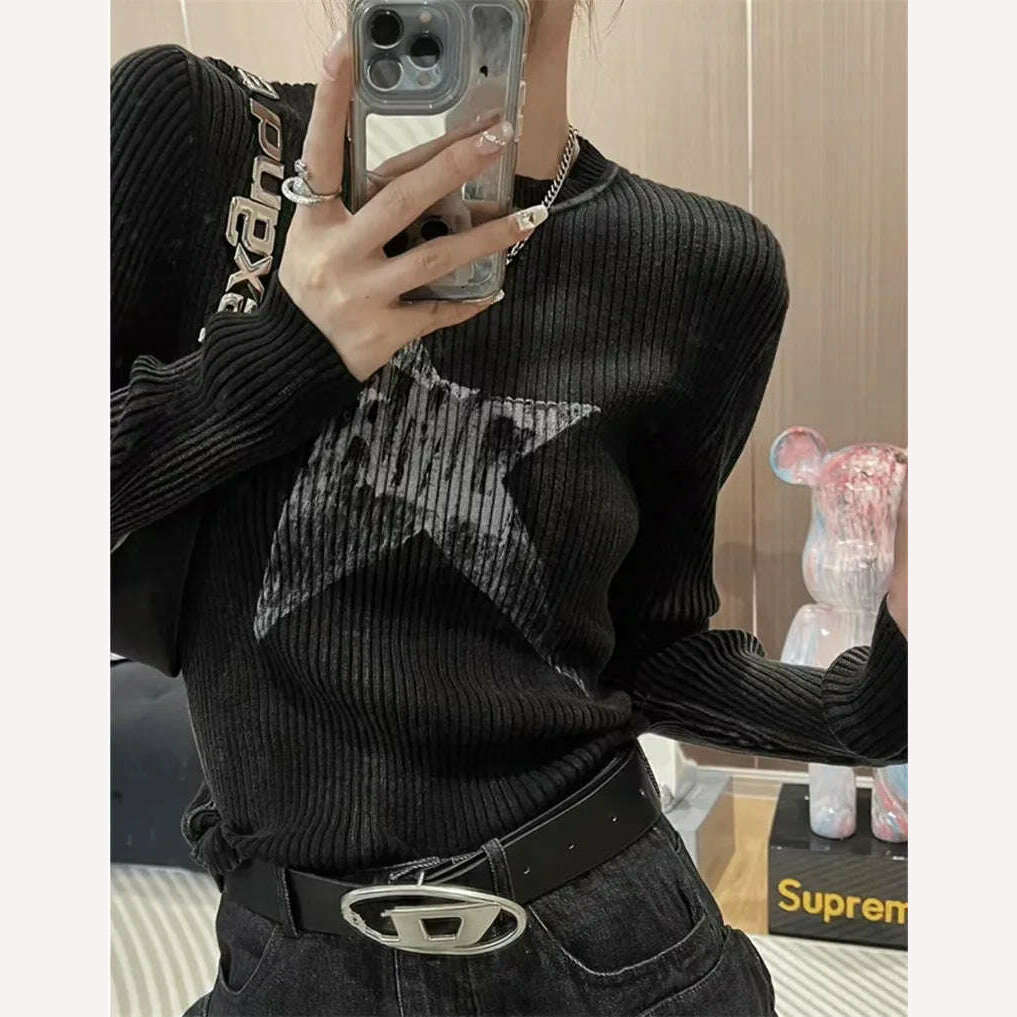 KIMLUD, Black Striped Sweater Women O-Neck Grunge Oversized Knitted Pullover Loose Korean Fashion Casual Jumper Autumn Winter Gothic, KIMLUD Womens Clothes