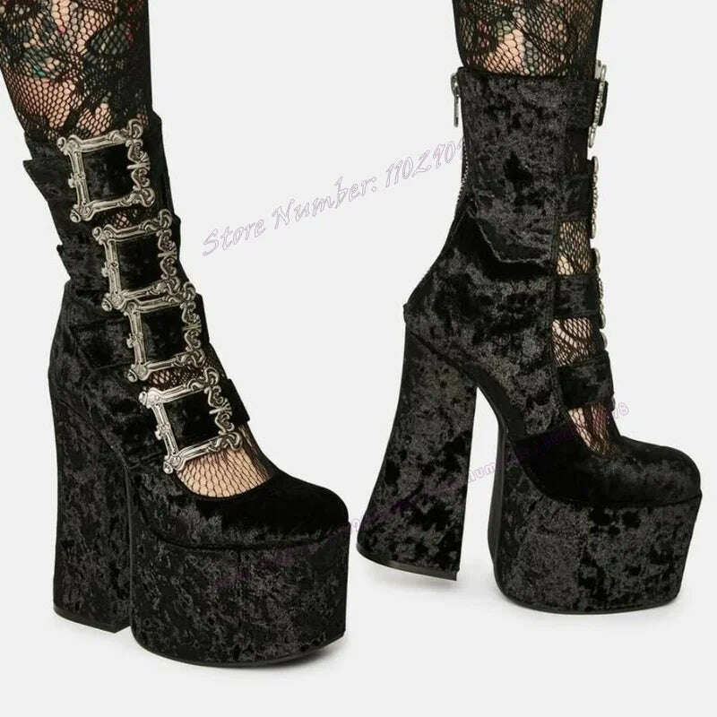 Black Suede Buckle Decor Platform Pumps Strappy Round Toe Shoes for Women Chunky High Heels Punk Shoes 2023 Zapatos Para Mujere - KIMLUD