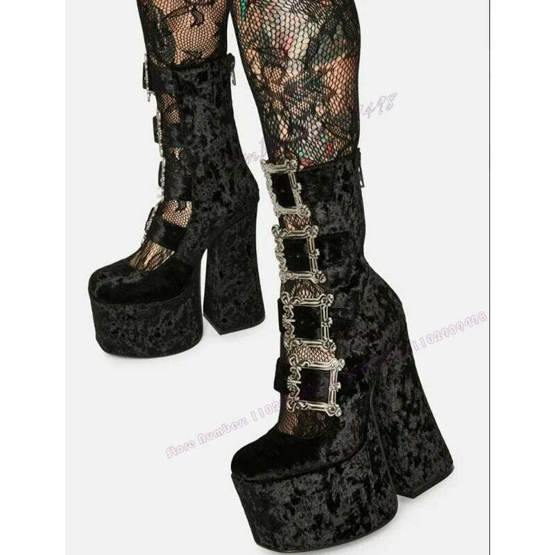 Black Suede Buckle Decor Platform Pumps Strappy Round Toe Shoes for Women Chunky High Heels Punk Shoes 2023 Zapatos Para Mujere - KIMLUD