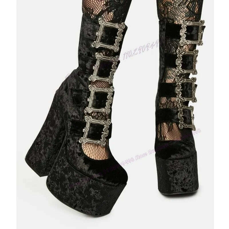 Black Suede Buckle Decor Platform Pumps Strappy Round Toe Shoes for Women Chunky High Heels Punk Shoes 2023 Zapatos Para Mujere - KIMLUD