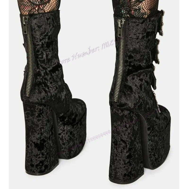 Black Suede Buckle Decor Platform Pumps Strappy Round Toe Shoes for Women Chunky High Heels Punk Shoes 2023 Zapatos Para Mujere - KIMLUD