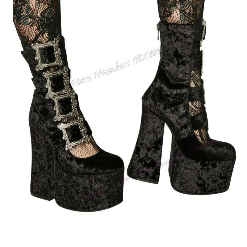 Black Suede Buckle Decor Platform Pumps Strappy Round Toe Shoes for Women Chunky High Heels Punk Shoes 2023 Zapatos Para Mujere - KIMLUD