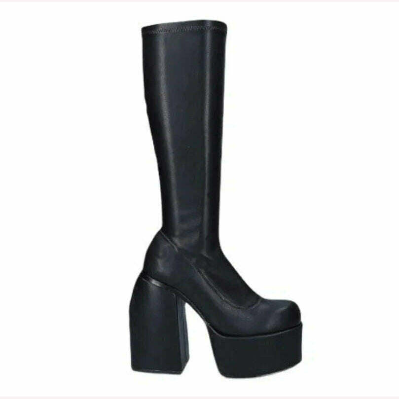 KIMLUD, Black Thick Heels Elastic Micro Knee High Boots For Women Punk Style Autumn Winter Chunky Platform High Boots Party Shoes Ladies, KIMLUD Womens Clothes