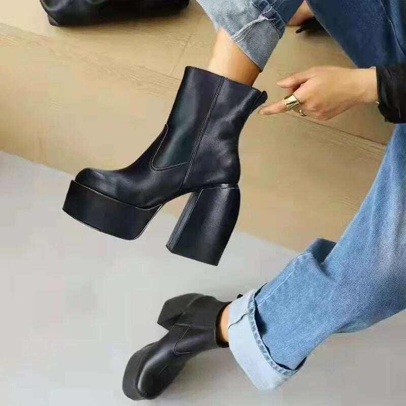KIMLUD, Black Thick Heels Elastic Micro Knee High Boots For Women Punk Style Autumn Winter Chunky Platform High Boots Party Shoes Ladies, KIMLUD Womens Clothes