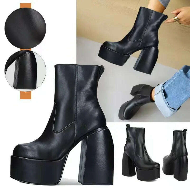 KIMLUD, Black Thick Heels Elastic Micro Knee High Boots For Women Punk Style Autumn Winter Chunky Platform High Boots Party Shoes Ladies, KIMLUD Womens Clothes