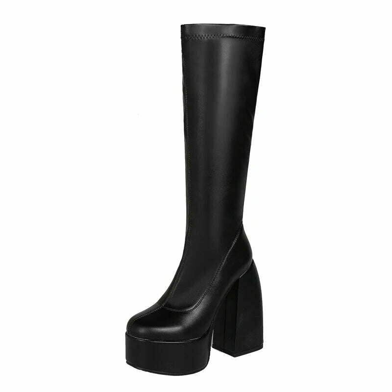 Black Thick Heels Elastic Micro Knee High Boots For Women Punk Style Autumn Winter Chunky Platform High Boots Party Shoes Ladies, Black / 3, KIMLUD Women's Clothes