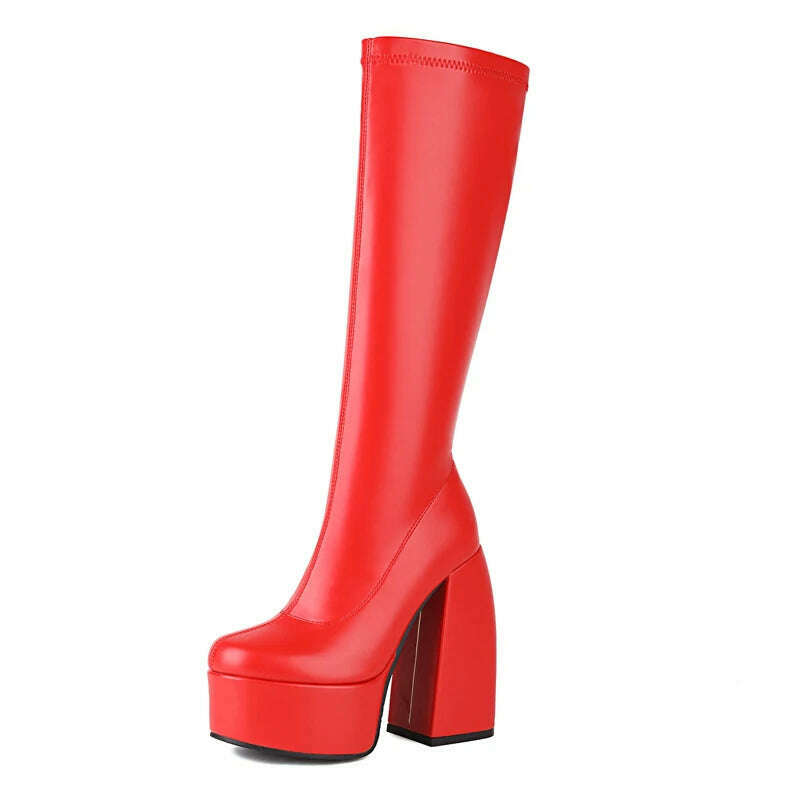 Black Thick Heels Elastic Micro Knee High Boots For Women Punk Style Autumn Winter Chunky Platform High Boots Party Shoes Ladies, Red / 3, KIMLUD Women's Clothes