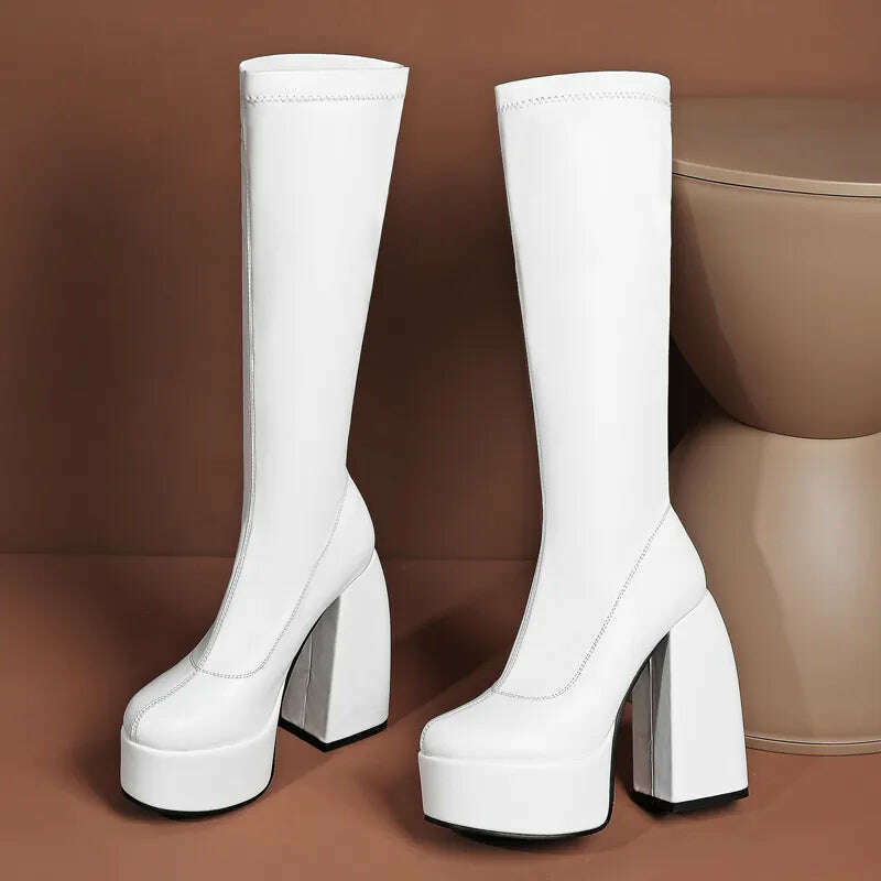 Black Thick Heels Elastic Micro Knee High Boots For Women Punk Style Autumn Winter Chunky Platform High Boots Party Shoes Ladies, KIMLUD Women's Clothes