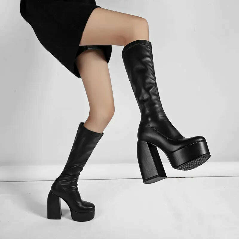 Black Thick Heels Elastic Micro Knee High Boots For Women Punk Style Autumn Winter Chunky Platform High Boots Party Shoes Ladies, KIMLUD Women's Clothes