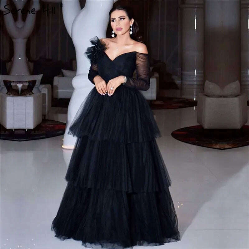 KIMLUD, Black Tiered Off Shoulder Sexy Prom Dresses 2023 Latest Design Long Sleeves A-Line Prom Gowns Serene Hill BLA70065, KIMLUD Women's Clothes