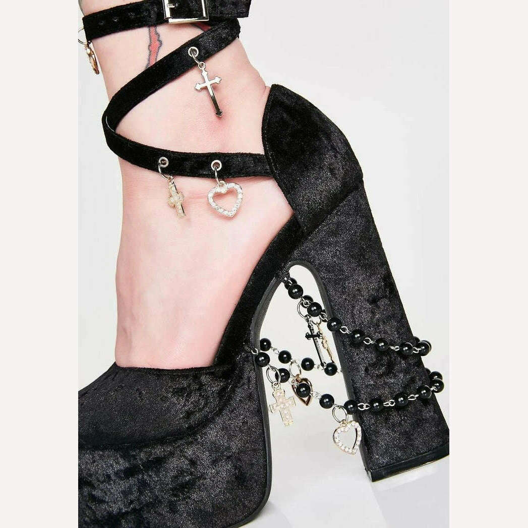 KIMLUD, Black Velvet Cross Heart Chains Decor Chunky Heel Sandals Peep Toe Platform Black Pearl Women Shoe Cross Strap Buckle Sandalias, KIMLUD Womens Clothes