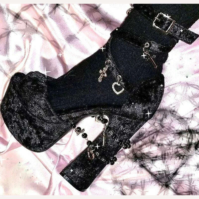 KIMLUD, Black Velvet Cross Heart Chains Decor Chunky Heel Sandals Peep Toe Platform Black Pearl Women Shoe Cross Strap Buckle Sandalias, photo color 1 / 34, KIMLUD Womens Clothes