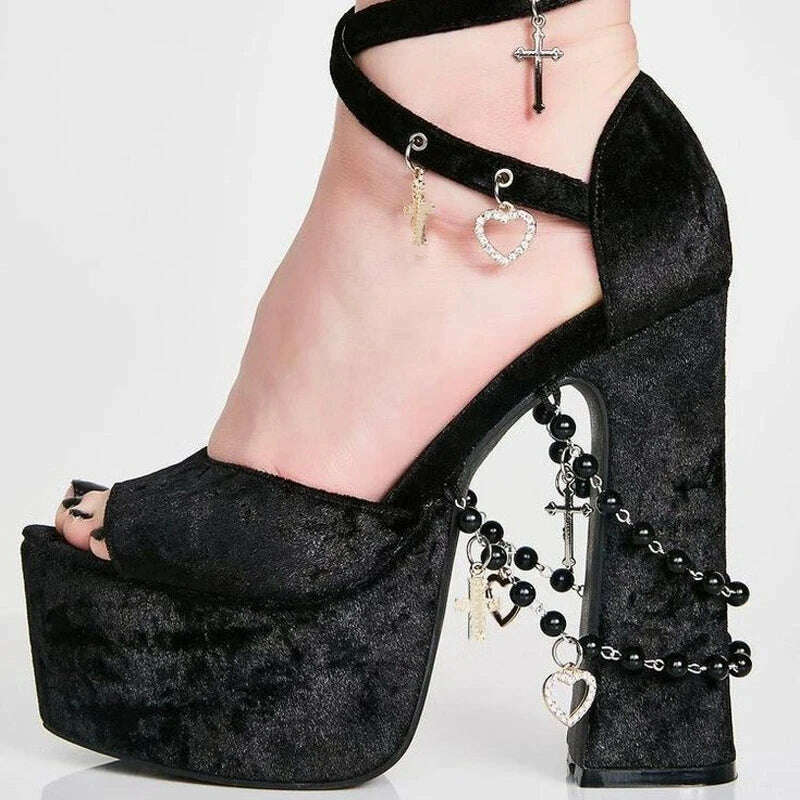 KIMLUD, Black Velvet Cross Heart Chains Decor Chunky Heel Sandals Peep Toe Platform Black Pearl Women Shoe Cross Strap Buckle Sandalias, KIMLUD Womens Clothes