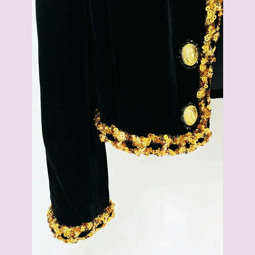 Black Velvet Jacket Women 2024 New Designer Beaded Sequins Chain Velvet Short Cardigan Coat New in Outerwears Jackets Blazer - KIMLUD