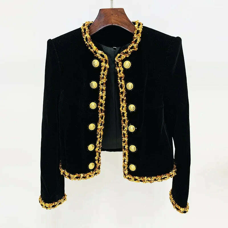 Black Velvet Jacket Women 2024 New Designer Beaded Sequins Chain Velvet Short Cardigan Coat New in Outerwears Jackets Blazer - KIMLUD
