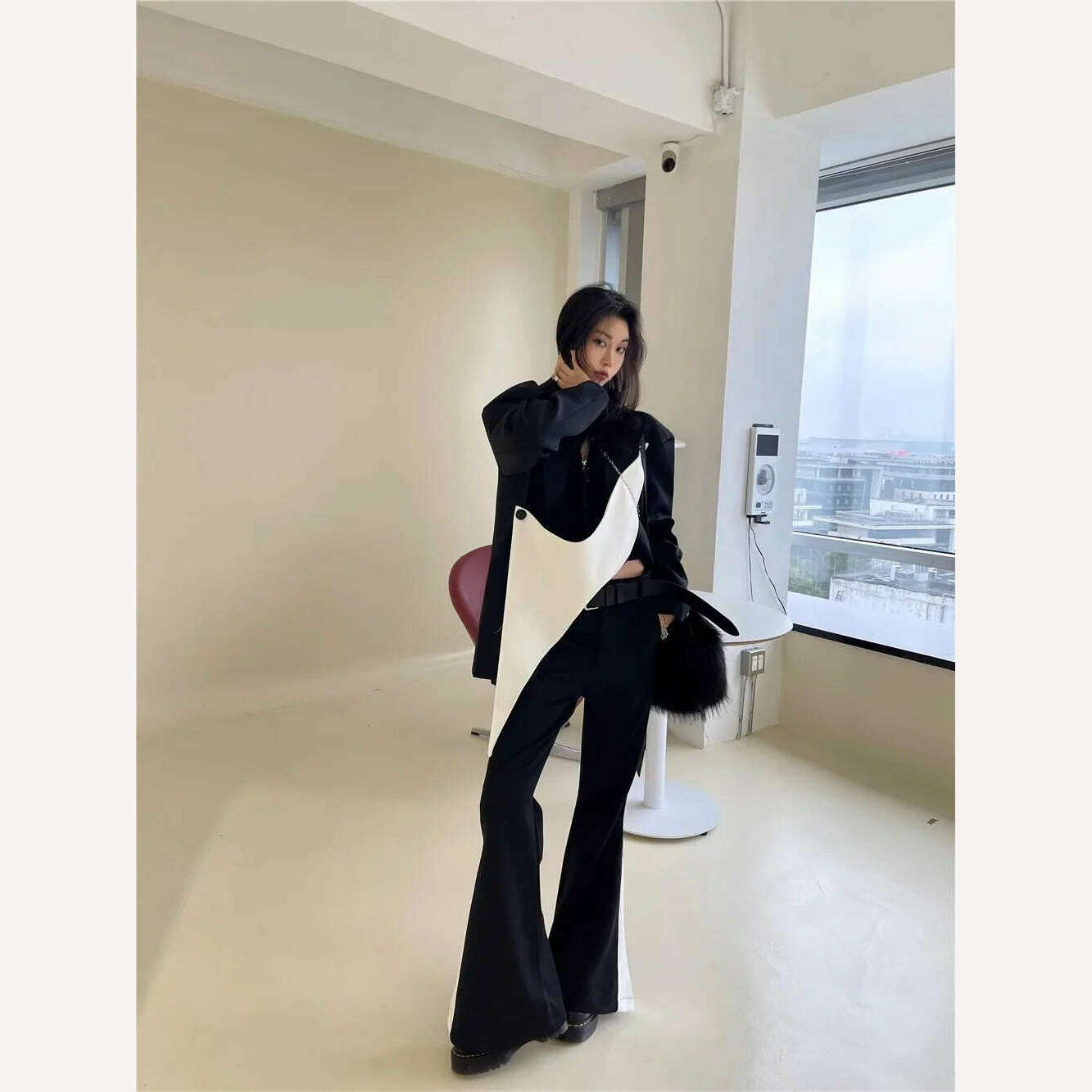 Black white contrast color detachable patchwork Blazer for women fashion Vintage loose irregular suit jacket coats Y4834 - KIMLUD